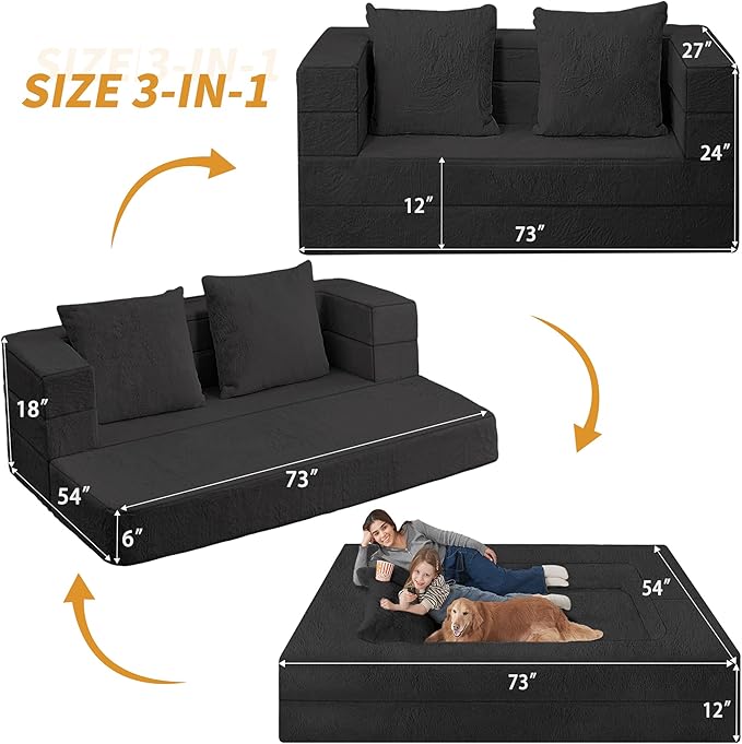 Folding Bean Bag Chair for Adults,3-in-1 Bean Bag Couch Faux Fur Floor Sofa Large Beanbag Convertible Bean Bag Sofa Bed with Pillow in Bedroom,Living Room,Apartment(Queen,Black)-Ruum Studio Home