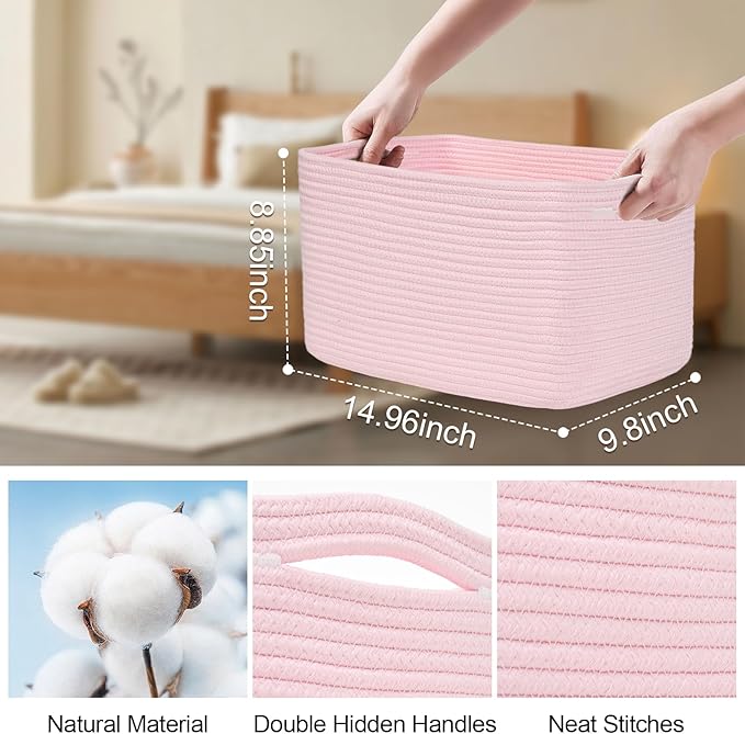 3-Pack Shelf Baskets for Organizing, Woven Storage Basket for Shelves, Cotton Rope Storage Bins for Toys Books, Nursery Towel Baskets for Classroom, 14.96"X9.8"X8.85", Pink-Ruum Studio Home
