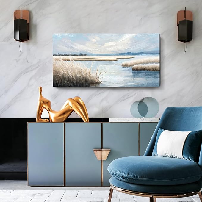 amatop Large Coastal Wall Art Abstract Landscape Beach Ocean Marsh Canvas Print Calming Soft Blue and Beige Wetland Picture Minimalist Neutral Nature Artwork for Bedroom Living Room Office 48x24-Ruum Studio Home