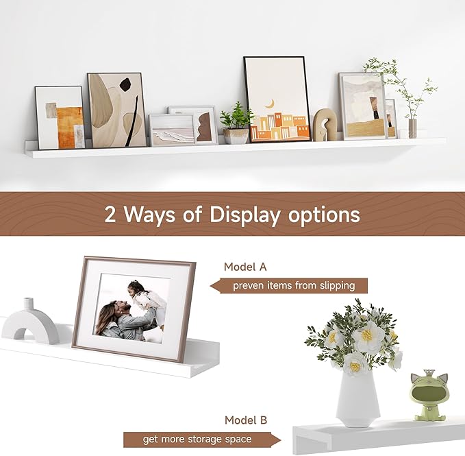 Floating Picture Ledge Shelves for Wall Set of 2, 55 Inches Picture Shelf with Ledge, Nursery Book Shelf for Toys Storage Kids Bookshelf Wall Mounted Living Room Bedroom Decor Frames, White-Ruum Studio Home