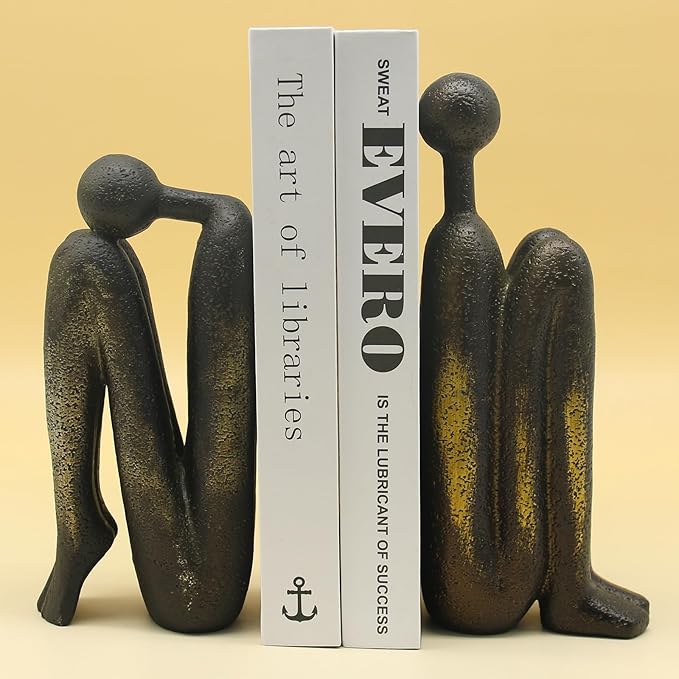 Lukitas Thinker Decorative Bookends, Non-Slip Book Holder, Book Ends for Shelves Living Room Office Home Decor, Resin, 1Pair/2Piece 9''-Ruum Studio Home