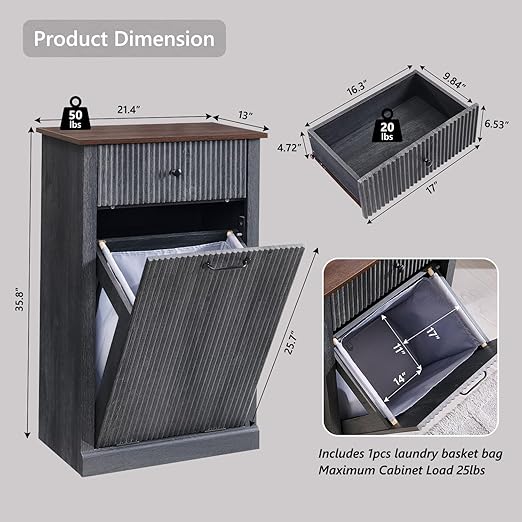 Modern Tilt-Out Trash Can Cabinet, 10 Gallon Fluted Laundry Hamper Cabinet with Drawers, Wooden Hidden Garbage Can Cabinets with Storage Basket, Free Standing for Kitchen and Living Room, Grey-Ruum Studio Home