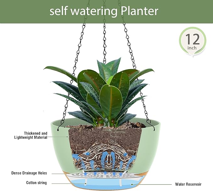 12 Inch Hanging Baskets 2 PC with Chains, Self-Watering Hanging Planters for Indoor Outdoor Plants, Plastic Hanging Flower Pots,Green Brown-Ruum Studio Home