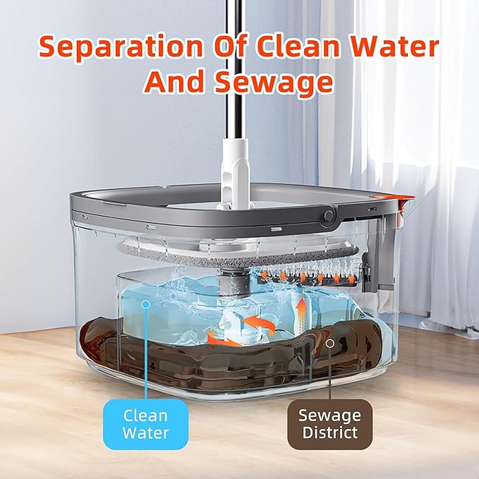 KZKR Spin Mop and Bucket Set with Self Separation Dirty and Clean Water System, Self Wringing 360° Rotating Square Mop Head for Home Floors Cleaning (1.0 Mop and Bucket Set (10 Pads))-Ruum Studio Home