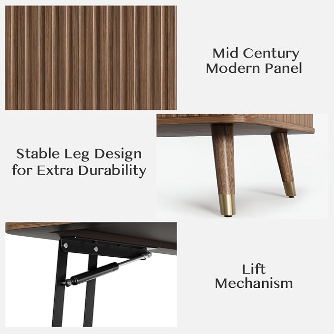 Lift Top Coffee Table with Storage,Mid Century Modern Coffee Table,Fluted Wood Rectangle Center Table for Living Room,Home Office,Walnut-Ruum Studio Home