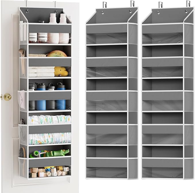 SpaceAid 2 Pack Over The Door Organizer with 5 Large Pockets and 10 Mesh Side Pockets, 5 Layers Door Organizer Hanging with Clear Window for Bedroom, Bathroom, Pantry and Nursery, Gray-Ruum Studio Home