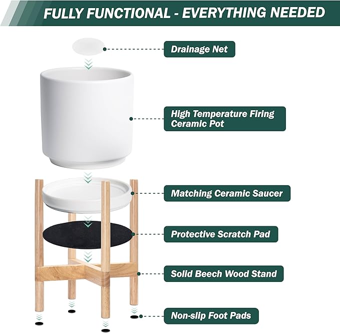 D'vine Dev Ceramic Planter with Natural Stand - 10 Inch Modern Round Flower Pot with Wood Planter Holder, White, 55-B-K-1-Ruum Studio Home