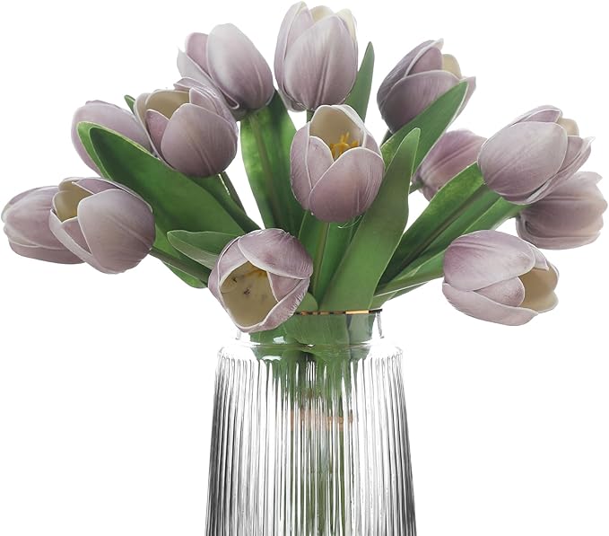 Light Purple Artificial Tulips, 2 Bundles 14Pcs, Fake Tulips Artificial Flowers, 2 x 2.4 Inch Large Flower Head Big Tulip, Easter Valentine's Day Mother's Day Home Decoration Flowers-Ruum Studio Home