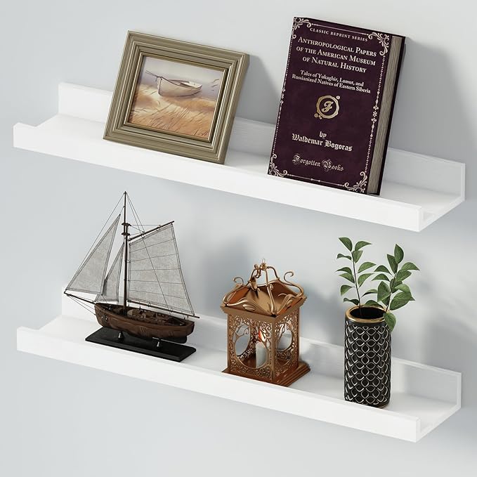 SAUMONIERES Picture Ledge Shelf Floating Book Shelves Set of 2 Wall Mounted Solid Wood for Bedroom Bathroom Living Room Kitchen, 24 Inch White-Ruum Studio Home