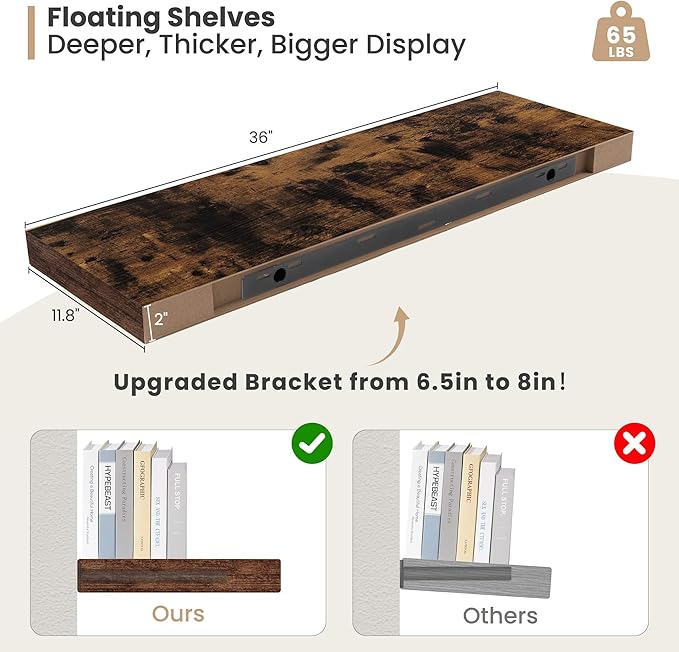 Heimlove 12" Deep Floating Shelves, 36 x 12 Inch Wall Mounted Long Floating Shelf with Invisible Brackets, for Home Decor, Bedroom, Kitchen, Living Room, Bathroom - 2 Pack, Rustic Brown-Ruum Studio Home