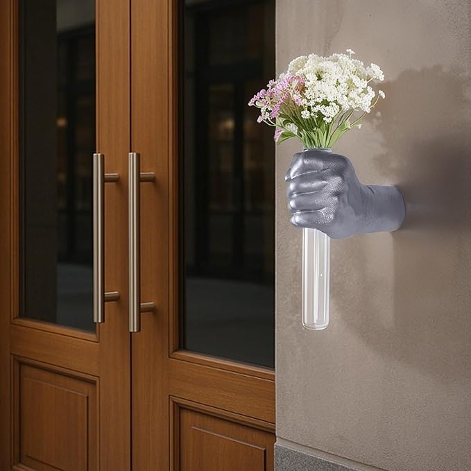 Silvery Wall Sculptures, Hand Vases Home Decor, Wall Mount Art Sculpture, Unique Wall Art Statue, Funky Flower Vase Decorations, Modern Eclectic Hanging Decor,Glass Test Tube Vase (Silvery)-Ruum Studio Home