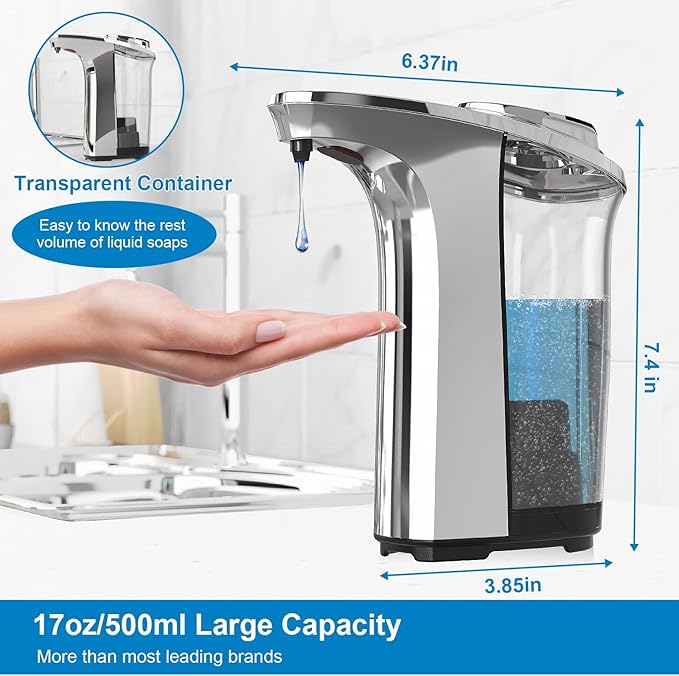 Automatic Soap Dispenser, Touchless Dish Soap Dispenser 17oz/500ml with Upgraded Infrared Sensor, 5 Adjustable Soap Dispensing Levels, Liquid Hand Dispenser for Bathroom (Silver Set)-Ruum Studio Home