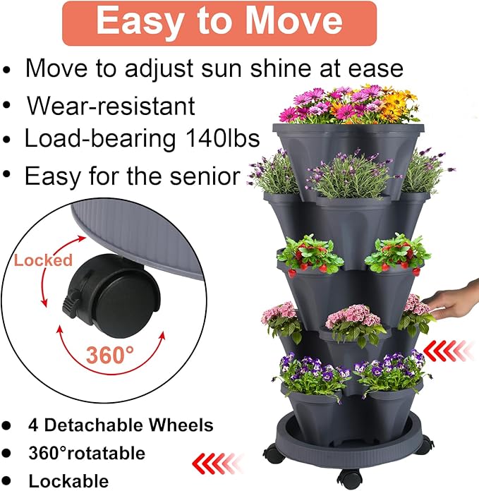 Vertical Planter 5 Tier Stackable Planters Garden Planters Strawberry Herb Flower and Vegetable Planter Indoor Outdoor Gardening Pots with Removable Wheels and Tools-Ruum Studio Home