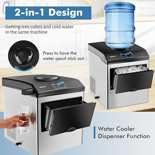 COSTWAY 2 in 1 Countertop Ice Maker Built-in Water Dispenser, 48LBS per Day, S/M/L Size Ice Cube, 5LBS Ice Storage Basket, Fast 6 Mins, Stainless Steel Ice Machine with Extendable Chilled Water Spout-Ruum Studio Home