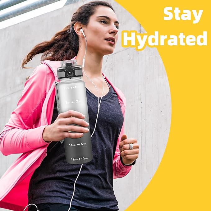 OLDLEY 32 oz Water Bottle, Motivational Water Bottle with Time Marker, Sports Water Bottle With Strap, Leakproof & BPA Free Large Water Bottles for School, Gym, Travel, Outdoor, Tritan,White&Black-Ruum Studio Home