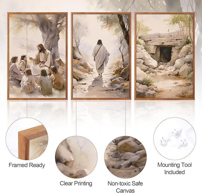 Aurlan Jesus Teaching Children Jesus on Path Framed Empty Tomb Bible Stories Wall Art(16"x24"), 3PCS Boho Christian Easter Scripture Gifts Canvas Artwork, Large Spiritual Religious Faith Decor Prints for Office Home-Ruum Studio Home