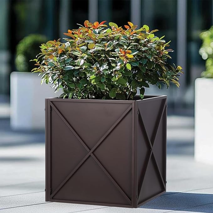 Metal Square Planter Box Tall Planters for Outdoor Plants Modern Heavy Duty with Drainage Holes for Outside Indoor Patio Deck - Brown, 17”x 17”x 18”-Ruum Studio Home