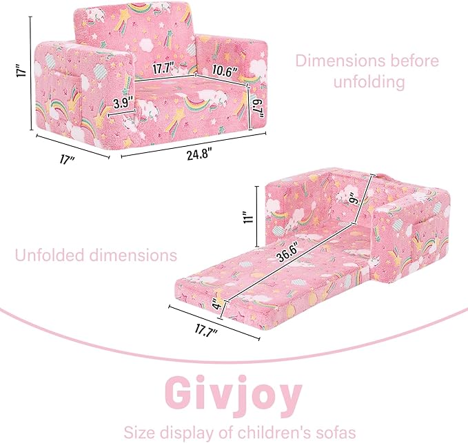 Toddler Chair Kids Couch, 2-in-1 Comfy Armchair with Removable and Washable Cover Carrying Handle, Convertible Reading Chair Toddler Couch for Girls and Boys, Pink Rainbow-Ruum Studio Home