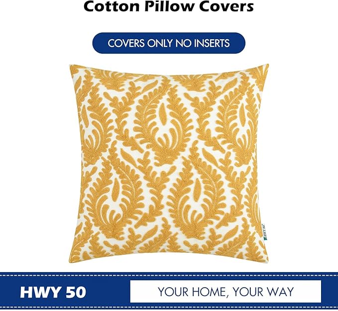 HWY 50 Mustard Yellow Decorative Throw Pillow Covers 18x18 Inch (1 Piece), Embroidered Cotton Farmhouse Cushion Cover Pillow Case for Sofa Couch Living Room Bed Bedroon, Floral Branches-Ruum Studio Home