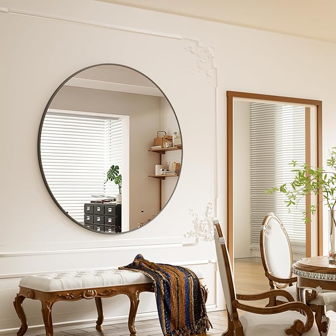 BEAUTYPEAK 42 Inch Round Mirror, Metal Frame Circle Mirror, Wall Mounted for Entryway, Bathroom, Vanity, Living Room, Black-Ruum Studio Home