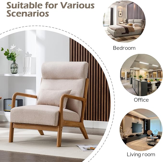 INZOY Mid Century Modern Accent Chair with High Back, Upholstered Living Room Chairs with Waist Cushion, Wood Frame Reading Armchair for Bedroom Sunroom, Beige-Ruum Studio Home
