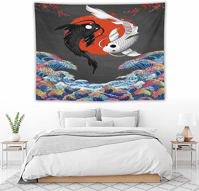 Houselerax Japanese Koi Fish Tapestries, Yin Yang Big Wave Cherry Blossom Tapestry Wall Hanging for Bedroom Living Room Office Decor 80"x60"-Ruum Studio Home