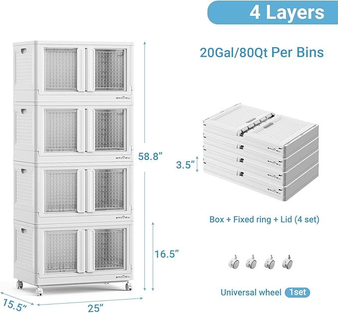 400Qt Stackable Storage Bins with Lids, 100Gal Closet Organizers and Storage Drawer, Plastic Collapsible Storage Bins with Doors, Heavy Duty Store Box Cabinet for Home Kitchen, 4Pack White-Ruum Studio Home