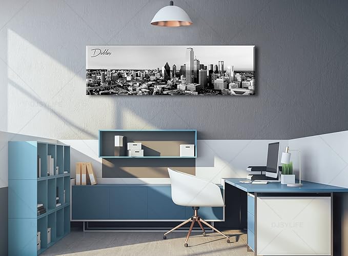Black and White Wall Art Dallas Skyline Cityscape Skyscrapers Canvas Print Painting Landscape Texas City Buildings Pictures Modern Artwork for Man Room Office Living Room Decoration 13.8"x47.3"-Ruum Studio Home