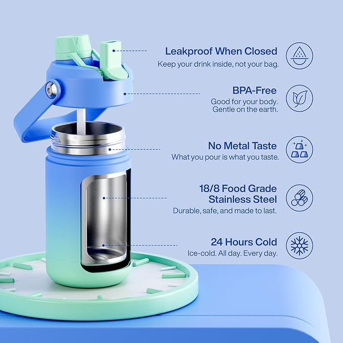 Kids Insualated Water Bottle with Straw - 12oz Stainless Steel Water Bottle with Dual Spouts, Leak-Proof, BPA-Free, Double Wall Vacuum Keeps Cold for 24 Hours for Sports, Travel (Frosted Lilac)-Ruum Studio Home