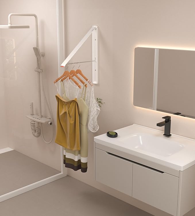 Dr.DJ Clothes Drying Rack Wall Mounted, Retractable & Foldable Clothes Hanger for Laundry Room Organization and Storage, Clothes Hanger Rack for Dorm, Closet, Balcony, Laundry Room(1P, Metal, White)-Ruum Studio Home
