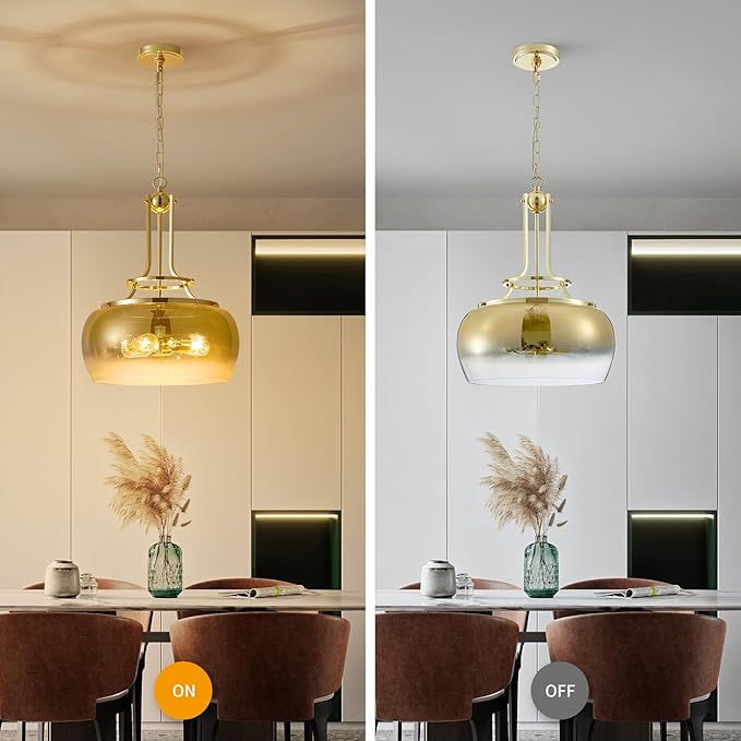 WUZUPS Gold Chandelier Rustic Farmhouse Industrial Round Ceiling Pendant LED Light Fixture with Gradient Glass Shade for Dining Room Kitchen Island Foyer Entryway, H 20.9" W 15.9", E26 Base-Ruum Studio Home
