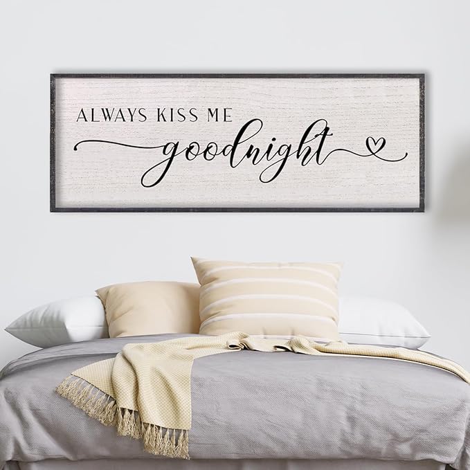 LuZhiQiang Above Bed Love Theme Wall Decor Always Kiss Me Goodnight Sign 40"×15" Wood Framed for Master Bedroom Over Bed Wall Art (Black)-Ruum Studio Home