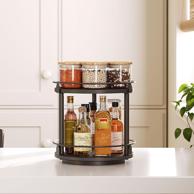 Lazy Susan Organizer, Rotating Spice Rack, 2 Tier Spice Turntable Organizer, Industrial Turntable Spice Holder, for Kitchen Countertop and Cabinet, Compact and Versatile, Black SR22BK-Ruum Studio Home