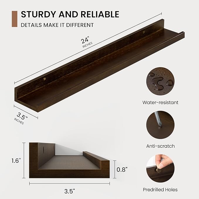 Picture Ledge Shelf, Solid Pine Wood Floating Shelves Set of 2, 24 Inches Nursery Book Shelves for Toys Storage, Kids Bookshelf Wall Mounted for Living Room Bedroom Decor Books Photo Frames, Walnut-Ruum Studio Home