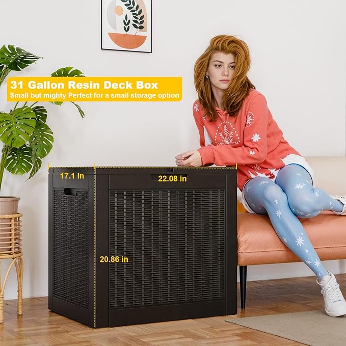 30 Gallon Wicker Pattern Resin Deck Box, Lockable Patio Outdoor Storage Box for Furniture, Garden Tools and Tools Storage, Waterproof Outside Storage Box - Black Rattan-Ruum Studio Home