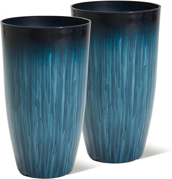 Worth Garden 23.5" H. Large Plastic Planters - Set of 2 Gradient Blue Glossy Smooth Finish - Tall Plant Pots for Indoor & Outdoor Use - Decorative Lightweight Flower Pot for Front Porch, Patio, Deck-Ruum Studio Home