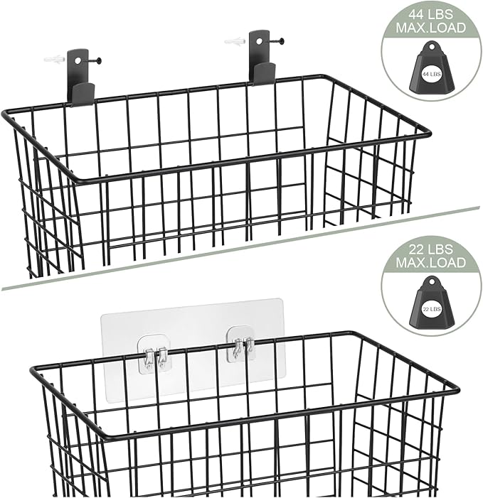 Wall Hanging Baskets 3 Pack, Large Diversified Wire Basket Shelves of Wooden Style, with Wall Mounted Metal Hooks & Traceless Stickers, for Kitchen Coffee Bar Office Room Garage Storage Organization-Ruum Studio Home