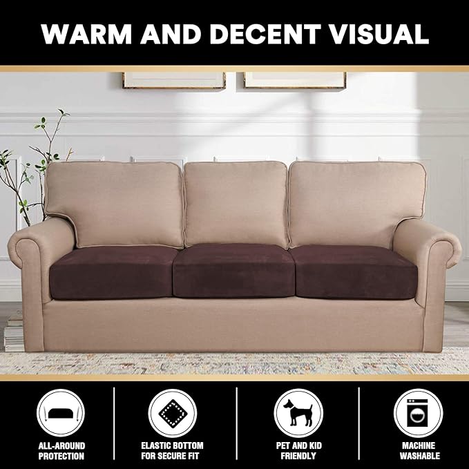 PrinceDeco Velvet Sofa Cushion Covers, Stretch Couch Cushion Covers for Individual Seat Couch Slipcover Sets Furniture Protector for Loveseat Sofa Cushion(Each Width Up to 29.5", Brown)-Ruum Studio Home