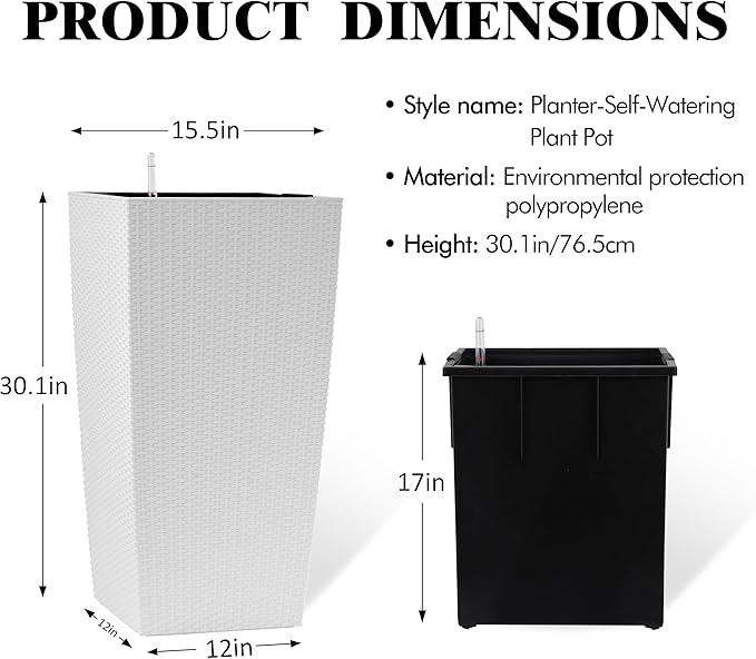 30in Tall Large Plant Pots Planter-Self-Watering Indoor/Outdoor Planting with Drain Holes, Water Level Monitor, Inner Bucket for Front Porch Patio, White Large-Ruum Studio Home