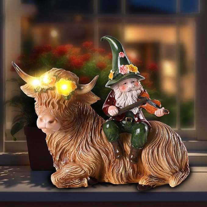 Solar Highland Cow Figurines for Garden with Gnome Playing The Violin 6.7" Resin Garden Gnomes Outdoor Patio Yard Lawn Porch Decor Birthday Housewarming Gifts for Women Mom Grandma Wife Sister Friend-Ruum Studio Home