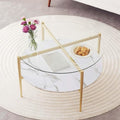 Round Coffee Table for Living Room, Mid-Century Modern Design, D30 x H17, 2-Tier Structure, Clear Glass Top and White Marble Finish Wood Shelf, Sleek Conical Metal Legs with Gold Finish Frame-Ruum Studio Home