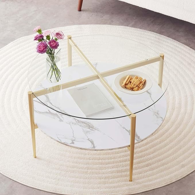 Round Coffee Table for Living Room, Mid-Century Modern Design, D30 x H17, 2-Tier Structure, Clear Glass Top and White Marble Finish Wood Shelf, Sleek Conical Metal Legs with Gold Finish Frame-Ruum Studio Home