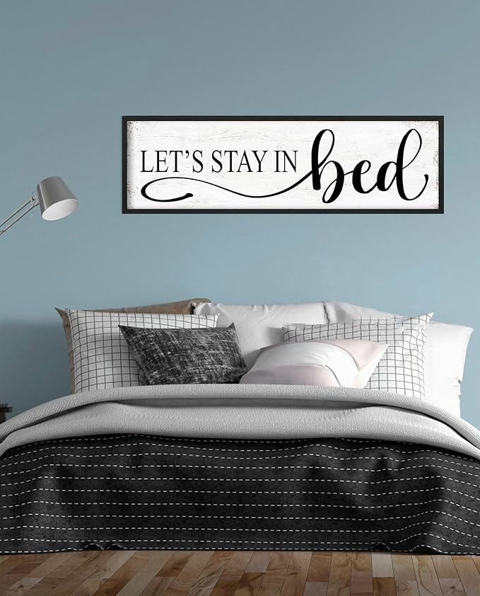 Let's Stay in Bed Wall Decor: Family Bedroom Signs Wall Decor Above Bed Framed Modern Farmhouse Rustic Wall Signs Hanging Plaques Master Bedroom Aesthetic Minimalist Wall Art 12" x 40"-Ruum Studio Home