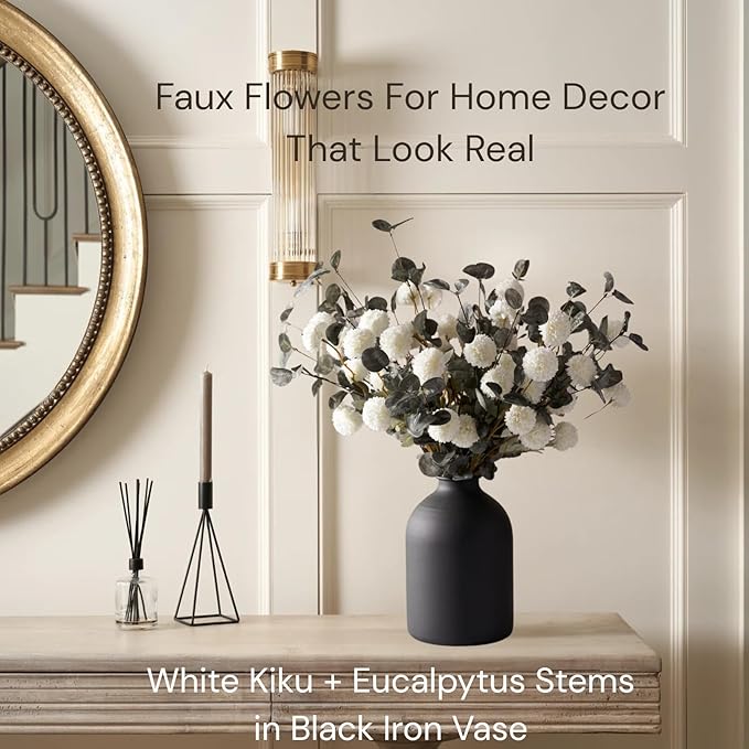White Faux Flowers for Vase - Kiku 10 Stems & Eucalyptus, Fake Flowers Stems for Pottery Vase, Realistic Artificial Flowers, Pom Pom Balls for Aesthetic Room Decor, Floral Arrangements Centerpiece-Ruum Studio Home