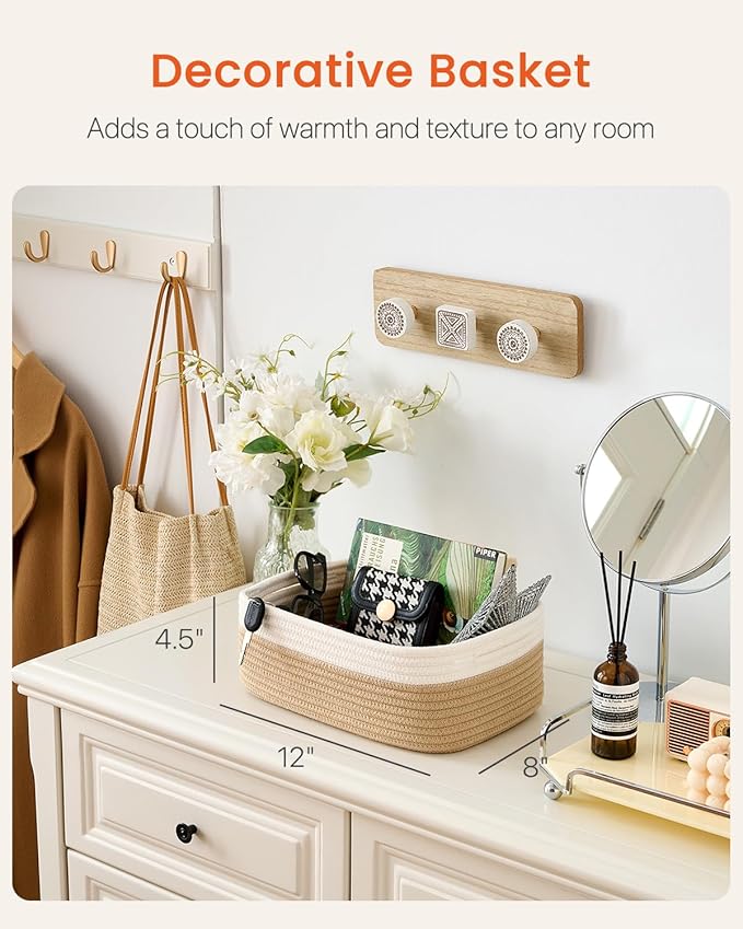 KALLAX Small Woven Basket, 12 x 8 x 4.5 Inches, Storage Basket for Organizing, Cute Small Rope Shelf Closet Cube Storage Bins Baskets for Shelves, Dog Toy Gift Baskets Empty, 3 Pack White & Brown-Ruum Studio Home