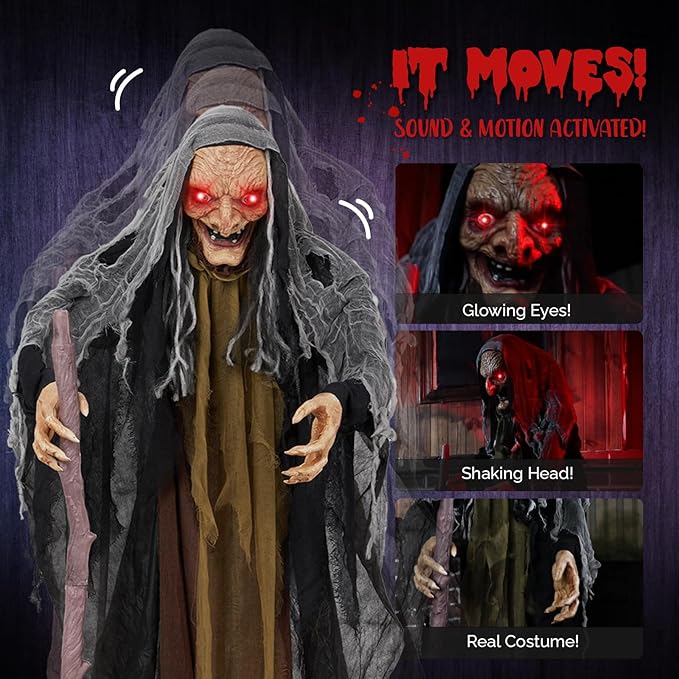 AW Animated Halloween Decorations,Scary Witch with Crutch,5.3FT Life Size Standing Clown,Motion/Sound Activated LED Eyes Creepy Sound,Haunted House Props Party Outdoor Indoor Lawn Yard Patio 2025-Ruum Studio Home