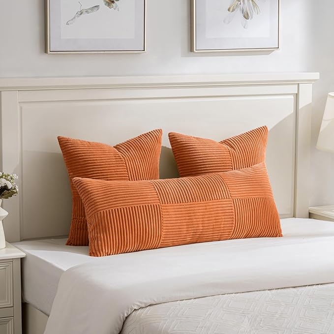 Fancy Homi Set of 2 Orange Boho Long Lumbar Body Decorative Throw Pillow Cover 14x36 Inch for Bed Couch Bedroom Bench, Soft Patchwork Corduroy Textured Pillow Case, Rustic Farmhouse Room Décor-Ruum Studio Home