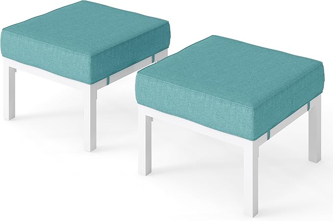 Solaste Outdoor Footstools Patio Ottoman Set of 2, Aluminum All-Weather Outdoor Footrest Seat with Removable Cushions, Patio Furniture Ottomans for Garden, Backyard, Poolside-White-Ruum Studio Home