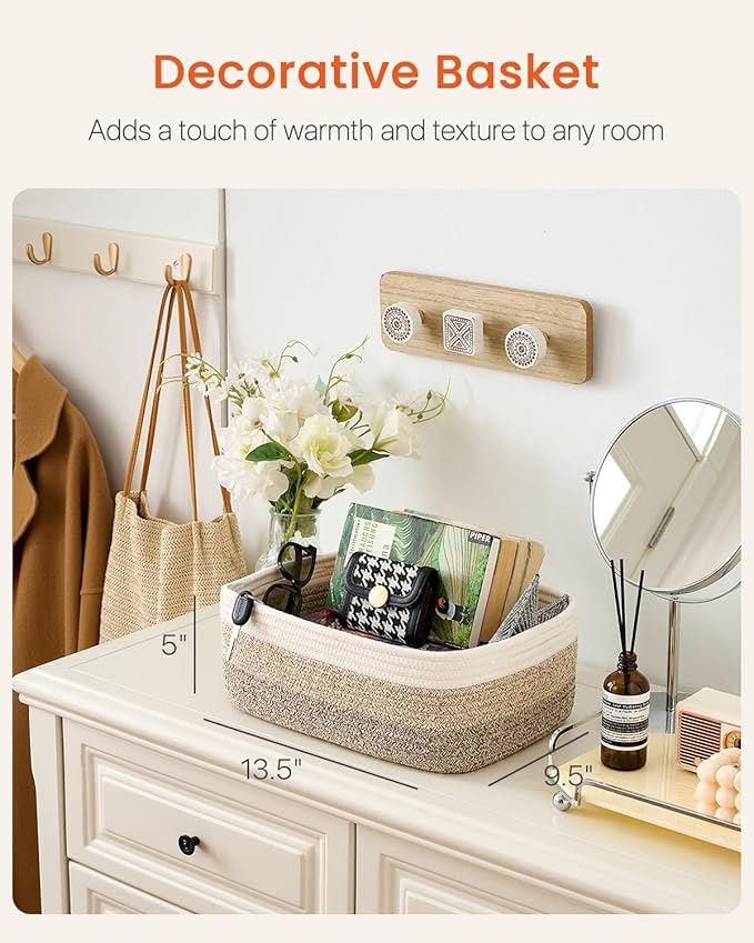 Small Woven Basket, 13.5 x 9.5 x 5 Inches, Storage Basket for Organizing, Cute Small Rope Shelf Closet Cube Storage Bins Baskets for Shelves, Dog Toy Gift Baskets Empty, 3 Pack Gradient Brown-Ruum Studio Home