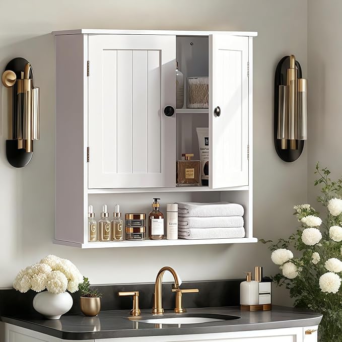Bathroom Cabinet Wall-Mounted, White Storage Cabinets with Adjustable Shelves, Space-Saving Organizer with 2 Doors for Bathroom, Laundry, Kitchen - Moisture Resistant & Easy Install-Ruum Studio Home